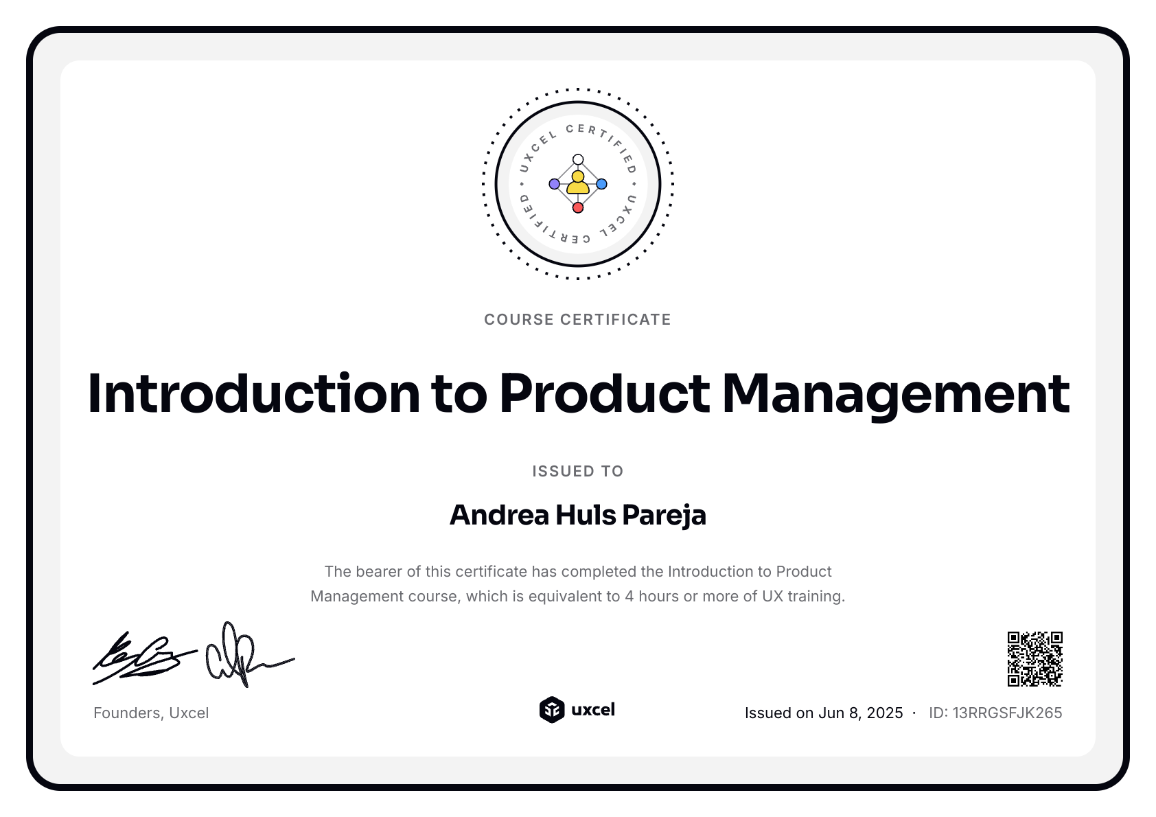 Andrea Huls Pareja's certificate